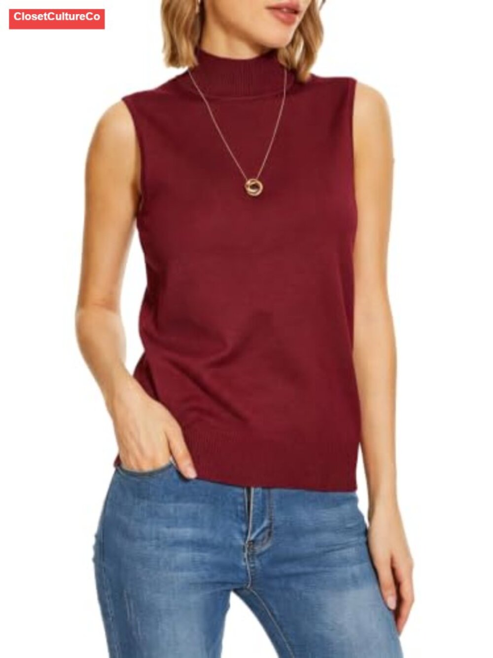 Sleeveless Turtleneck Top Women Mock Neck Sweater Vest